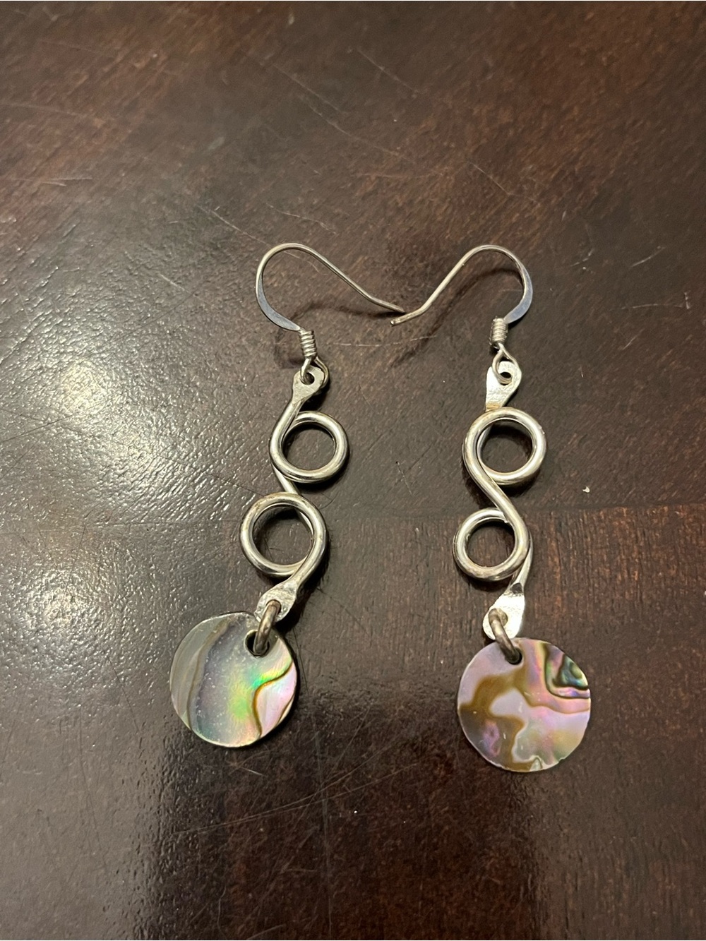 Silver Infinity Drop Earrings with Abalone Iridescent Disk